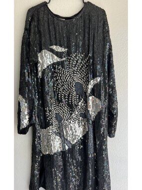 Baba brand black sequin long evening Maxi Women’s Sz L dress of 100% silk